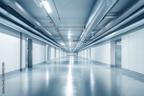 Empty underground corridors equipped with drainage systems and metal pipes to transport water and gas