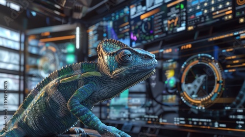 A Chameleon Looking at Computer Screens with Futuristic Interface