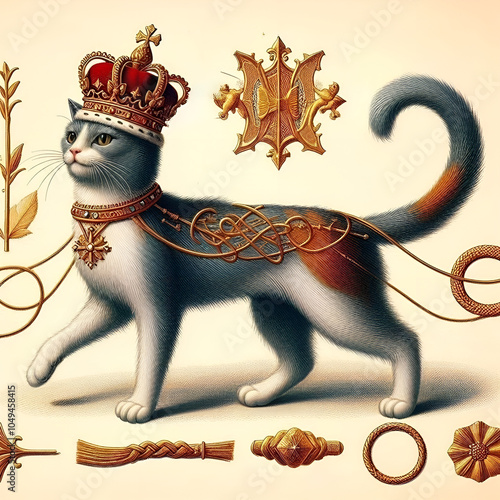 Victorian England. Medieval image of a cat. Full image of the animal on a blank background. Cat in a royal crown. The cat is presented in a dynamic pose, full-length, standing on its hind legs. Embroi