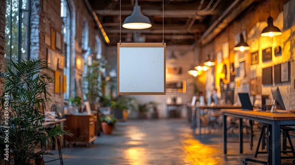 Fototapeta premium Modern workspace with hanging blank sign and warm lighting