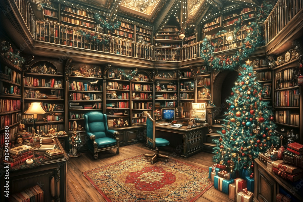 A Christmas themed library with a large tree in the corner. The room is filled with bookshelves and a comfortable chair A Christmas themed library with a large tree in the corner. The room is filled with bookshelves and a comfortable chair