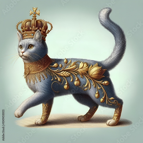 Victorian England. Medieval image of a cat. Full image of the animal on a blank background. Cat in a royal crown. The cat is presented in a dynamic pose, full-length, standing on its hind legs. Embroi photo