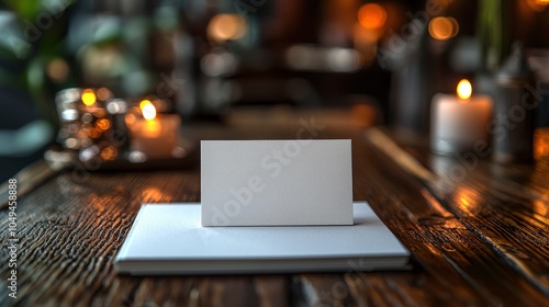 Simple blank card on wooden table with candles and notebook background