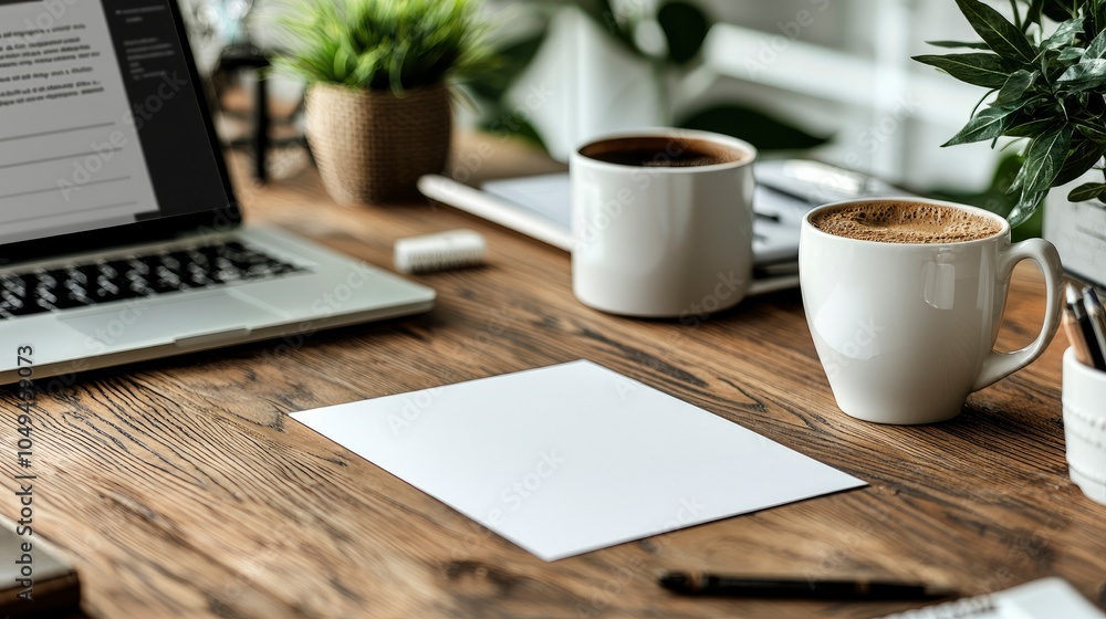 Modern workspace setup with laptop, mugs, and empty notepad on wooden desk Modern workspace setup with laptop, mugs, and empty notepad on wooden desk