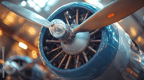 Close-up of a vintage aircraft engine with a propeller photo