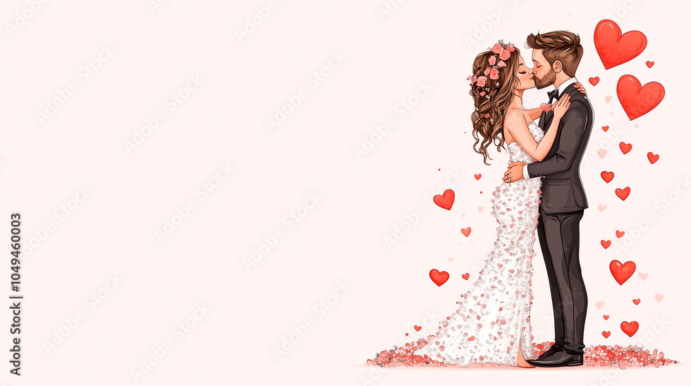 A couple is hugging and surrounded by hearts. The image is of a wedding. The bride and groom are dressed in formal attire A couple is hugging and surrounded by hearts. The image is of a wedding. The bride and groom are dressed in formal attire