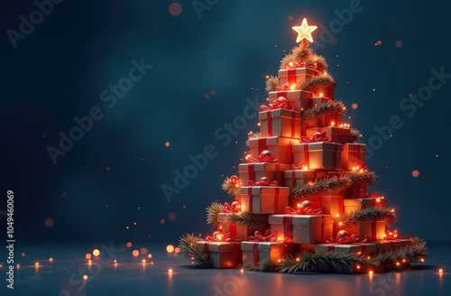 vertical photo of a Christmas tree made of red gifts photo