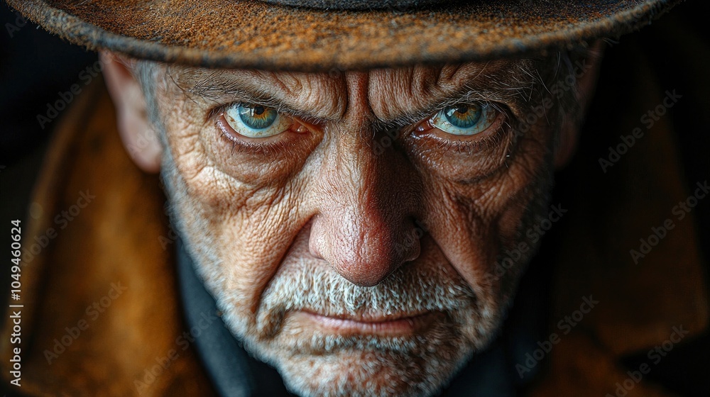 Intense close-up of an elderly man's piercing gaze in a hat Intense close-up of an elderly man's piercing gaze in a hat