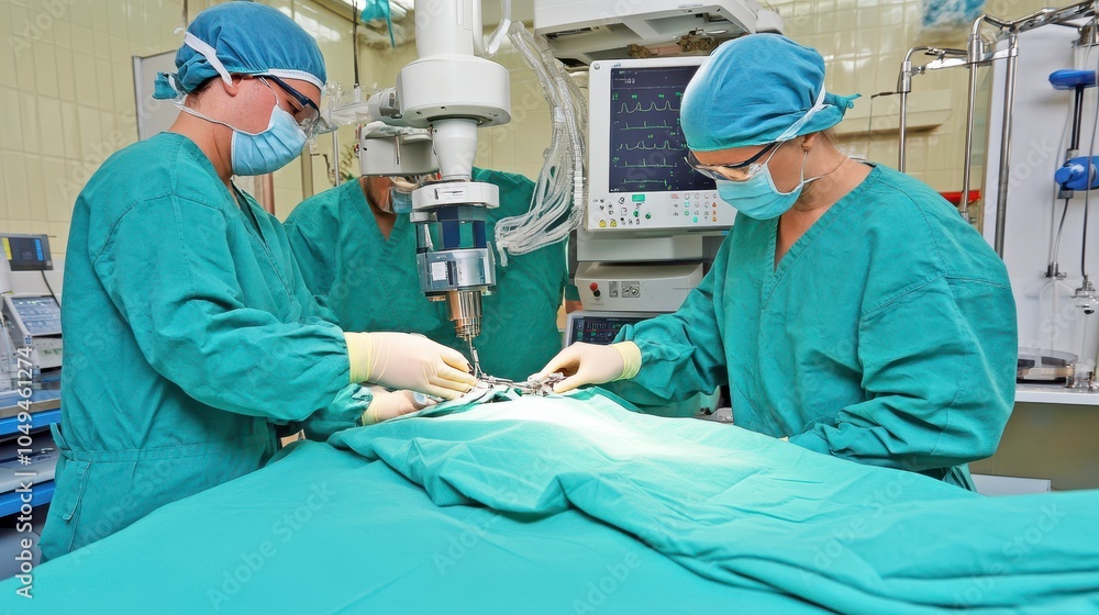 Surgeons collaborate in operating room to perform complex surgical procedure with precision and care Surgeons collaborate in operating room to perform complex surgical procedure with precision and care