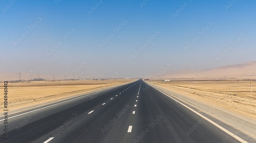 Vast empty desert road stretching toward the horizon under clear blue sky Vast empty desert road stretching toward the horizon under clear blue sky
