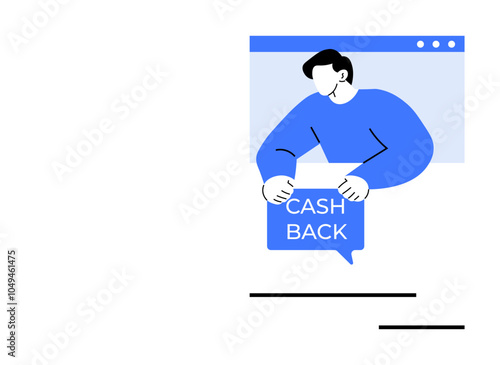 A person holding a sign with Cash Back text. Ideal for marketing, finance, online shopping, promotions, rewards. Style Minimalist Cartoon Vector. Ideal for marketing finance online shopping