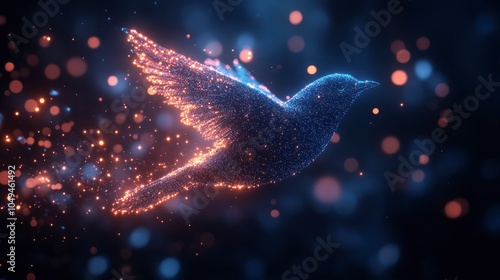 Sparkling bird with glowing particles flying through a dark background photo