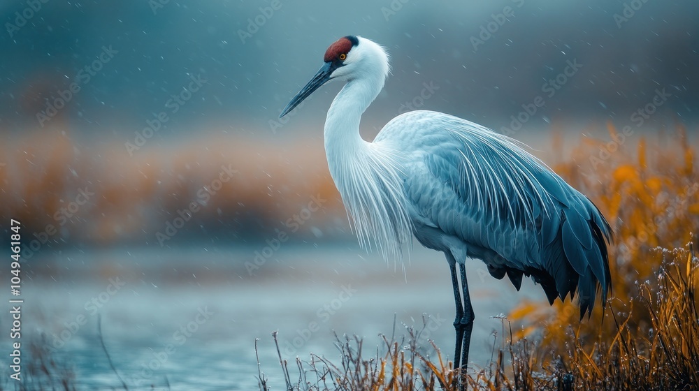 Obraz premium A white crane stands in a marsh with a blue and orange backdrop. The crane is in focus while the background is blurred.