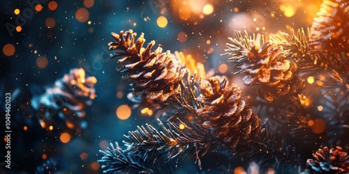 a close up of a pine tree with a blur of lights