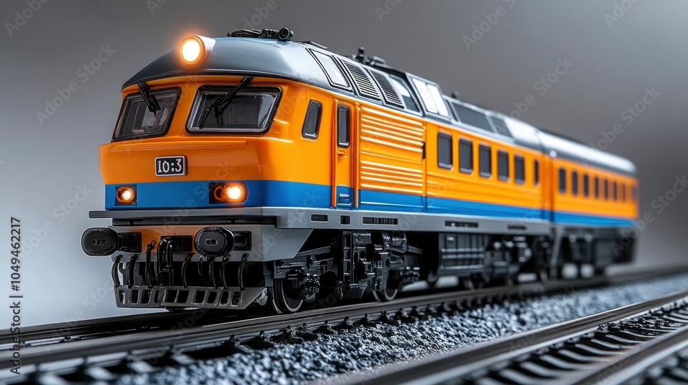Fototapeta premium Detailed model train in vibrant orange and blue on tracks