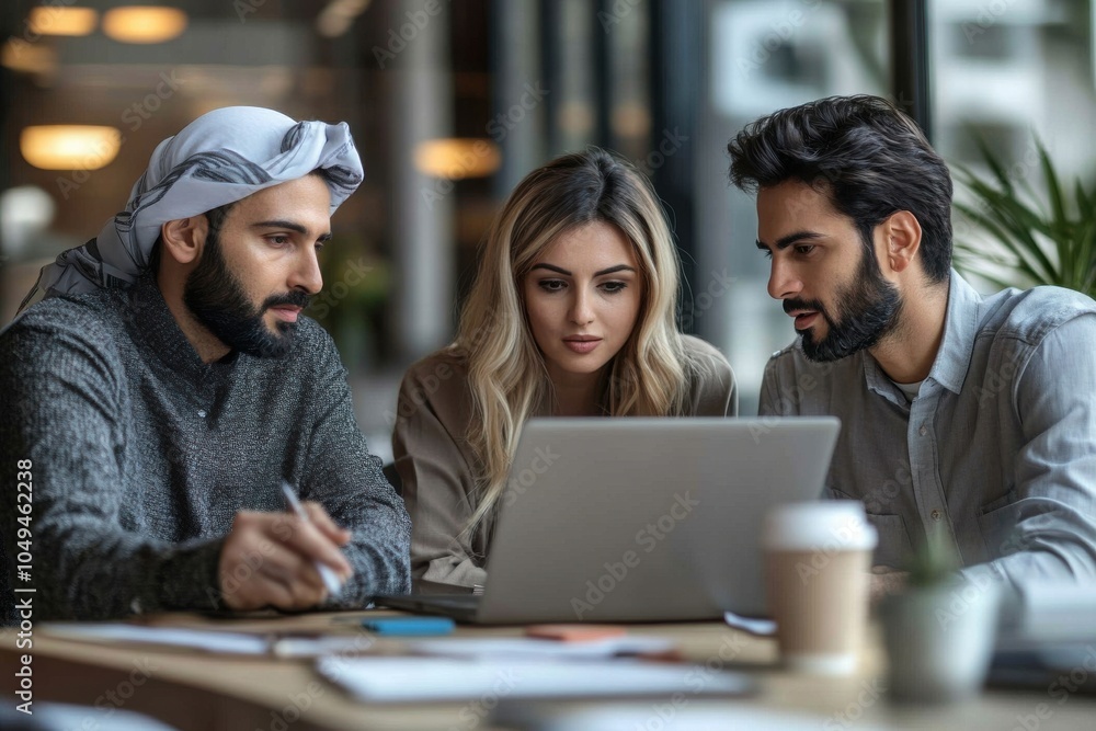 Three people are sitting at a table looking at a laptop Three people are sitting at a table looking at a laptop