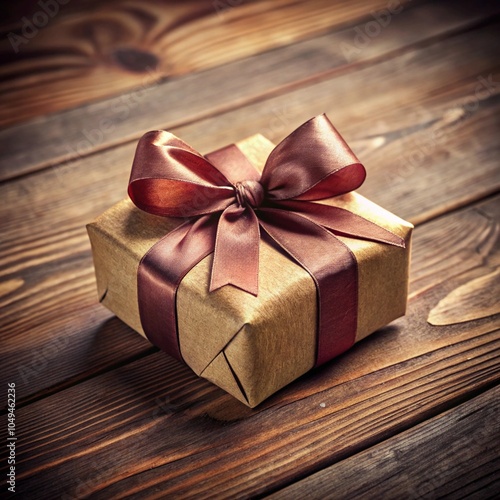 Gift box with brown satin ribbon on rustic wooden background