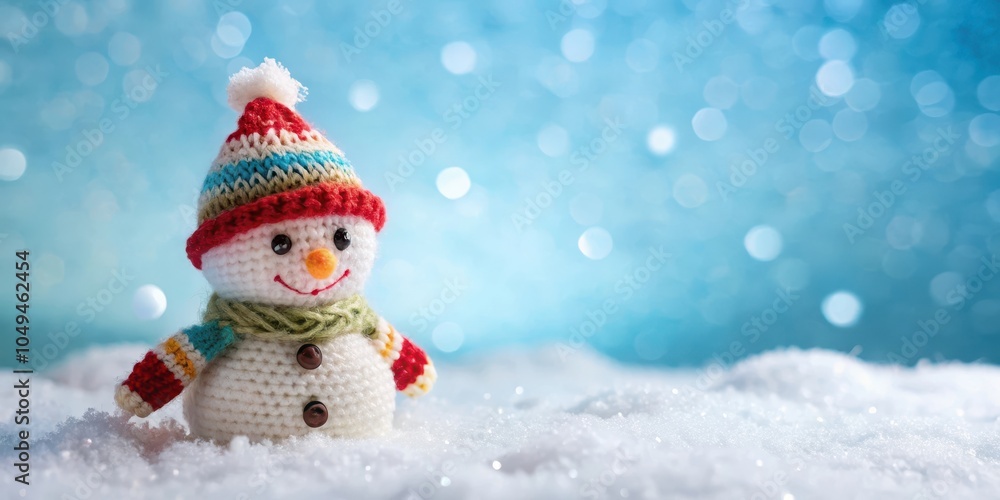 Fototapeta premium A cheerful knitted snowman with a red and blue hat and scarf stands proudly in a field of pristine white snow, the soft blue bokeh background creating a winter wonderland.