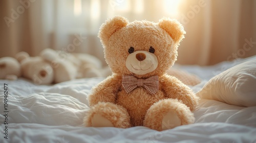 Adorable teddy bear sitting on a cozy bed in soft light