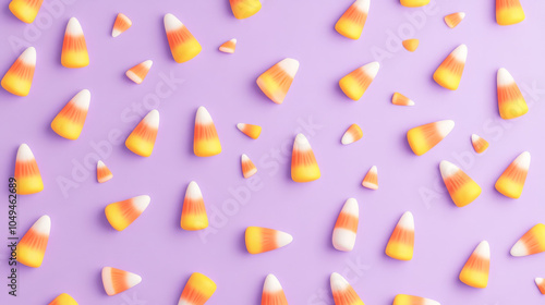 Colorful candy corn scattered on a vibrant purple background.