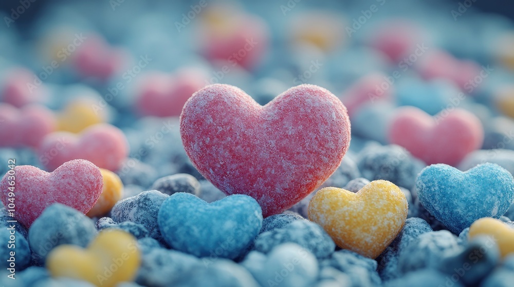 Obraz premium Colorful heart-shaped candies on a textured surface with stones