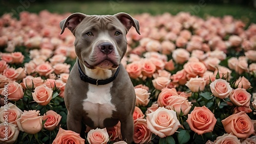 Pit Bull in a Rose Garden,A captivating portrait of a loyal pit bull amidst a vibrant rose garden, showcasing the beauty and strength of this often misunderstood breed.   photo