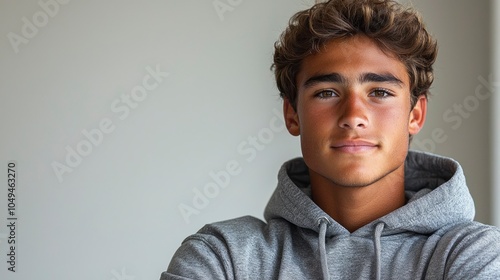 Young man with light brown hair wearing a grey hoodie