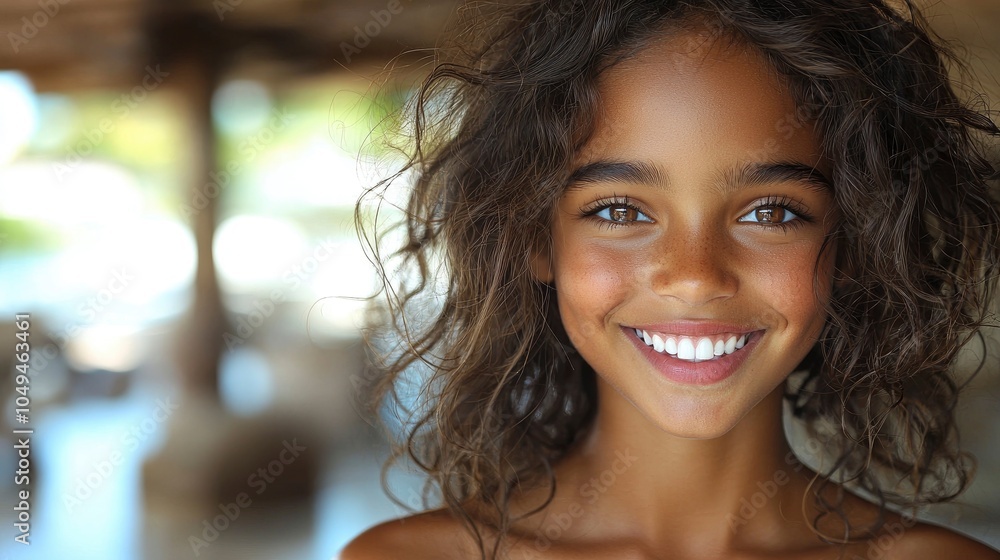 Joyful girl with curly hair smiling in natural sunlight Joyful girl with curly hair smiling in natural sunlight