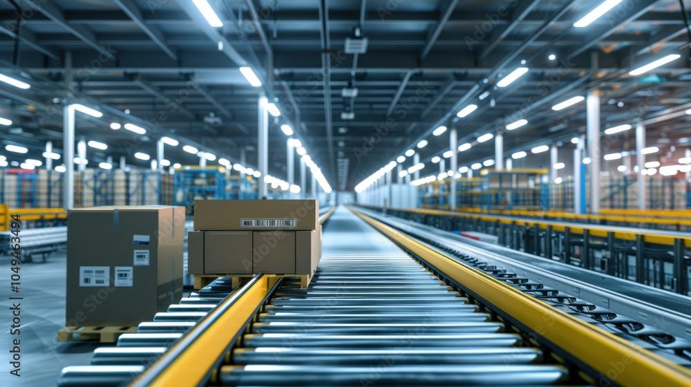 Cardboard Boxes Moving on Conveyor Belt in Modern Warehouse Cardboard Boxes Moving on Conveyor Belt in Modern Warehouse
