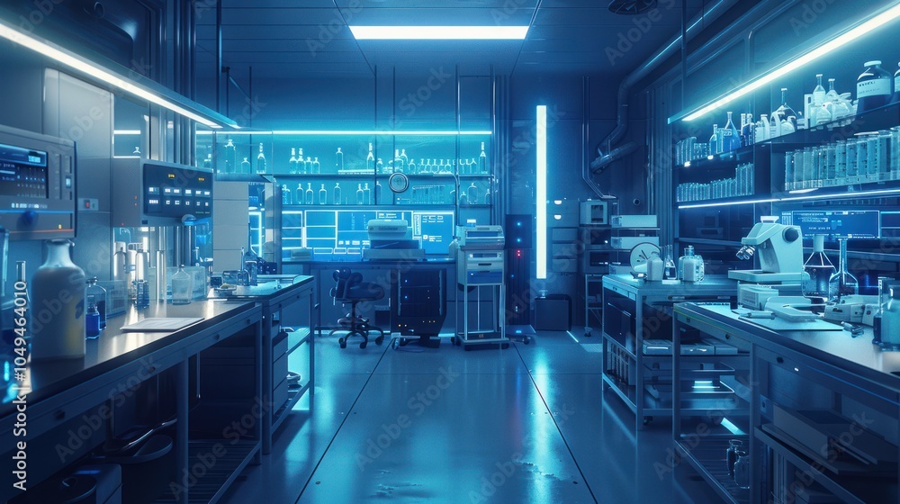 Fototapeta premium A Futuristic Laboratory with Blue Lighting and Scientific Equipment