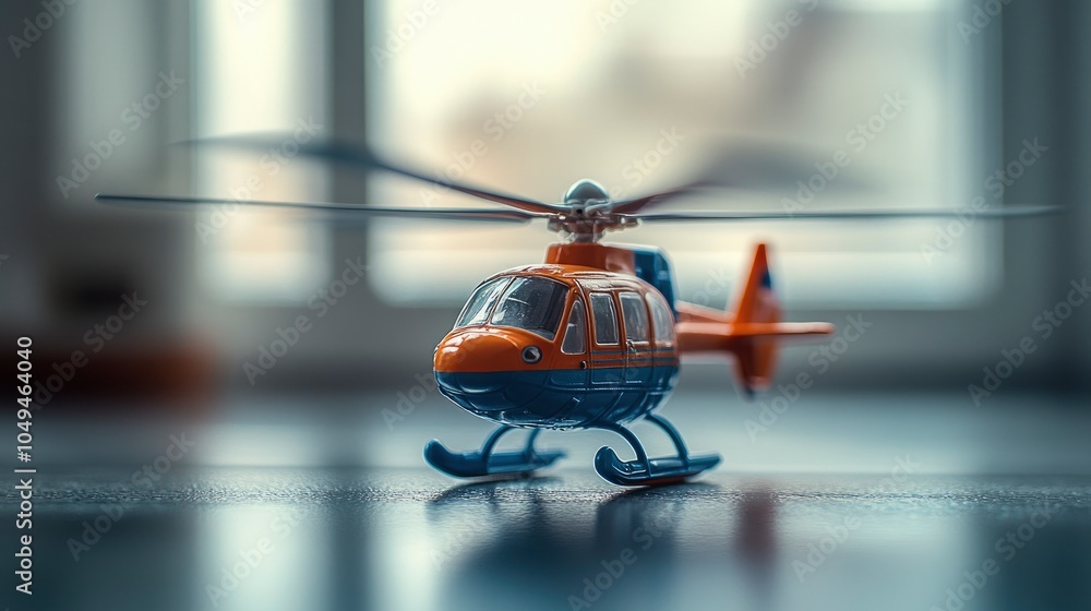 Naklejka premium Miniature helicopter model on a table with blurred background