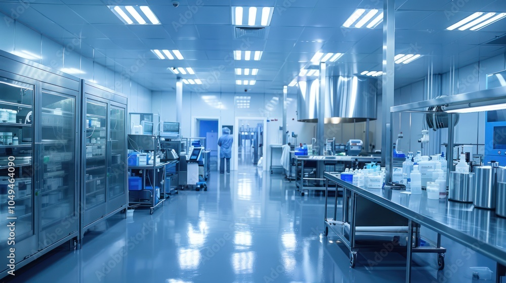 Sterile Laboratory Environment with Stainless Steel Equipment and a Single Worker Sterile Laboratory Environment with Stainless Steel Equipment and a Single Worker