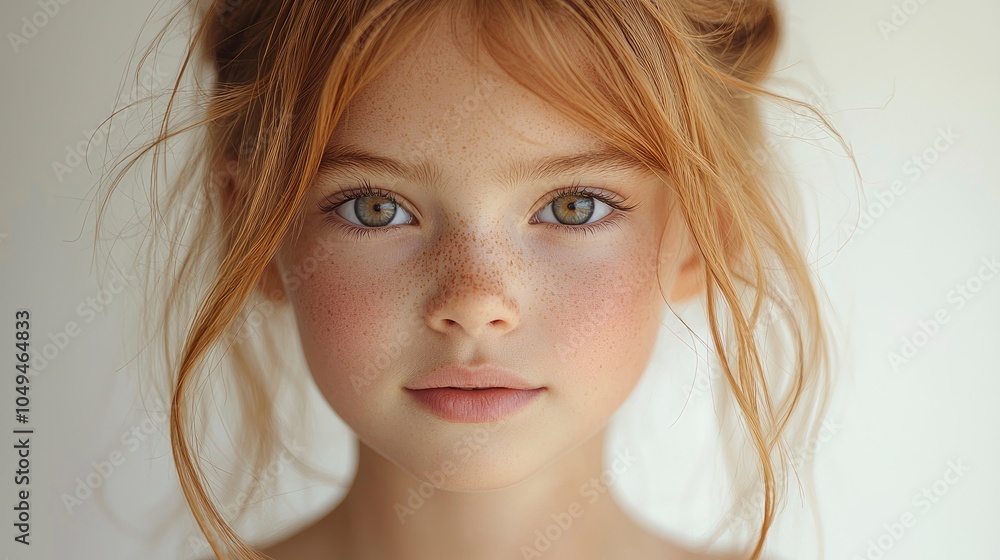 Young girl with freckles and flowing red hair looking at the camera Young girl with freckles and flowing red hair looking at the camera