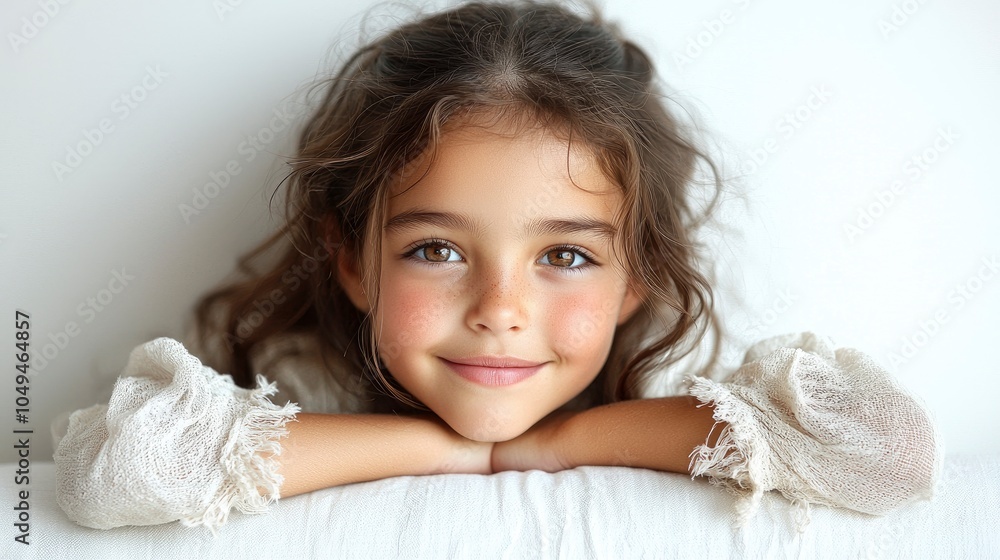 Cheerful girl with curly hair smiling softly against a plain background Cheerful girl with curly hair smiling softly against a plain background