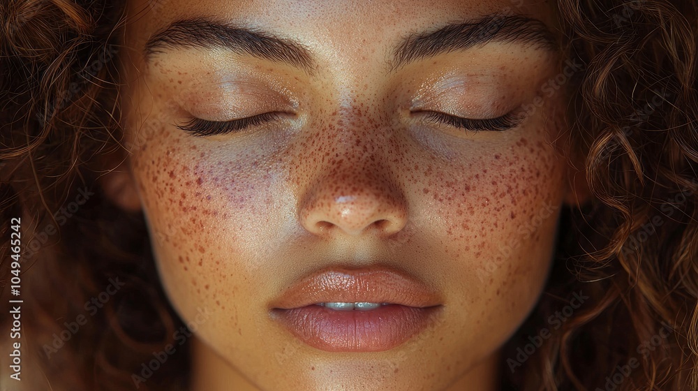 Close-up portrait of a serene young woman with freckles Close-up portrait of a serene young woman with freckles
