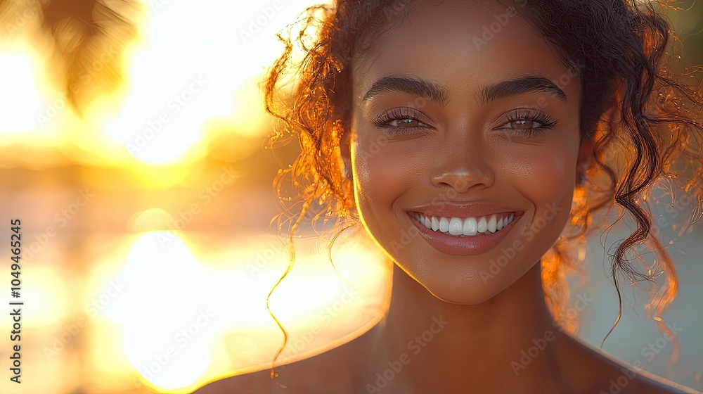 A joyful woman smiling against a beautiful sunset background A joyful woman smiling against a beautiful sunset background