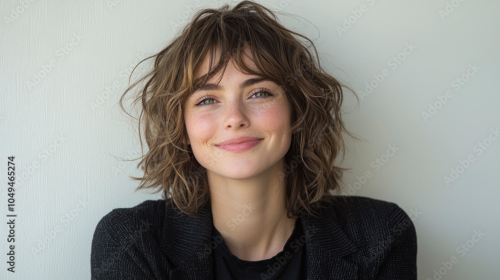 Smiling woman with wavy hair against a light background Smiling woman with wavy hair against a light background
