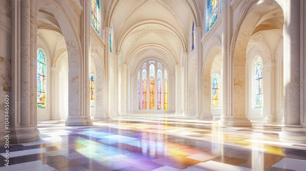Fototapeta premium Serene Interior of a Sunlit Church with Colorful Windows
