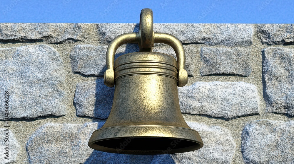 Fototapeta premium Explore the timeless beauty of a rustic bell hanging on a stone wall in natural light