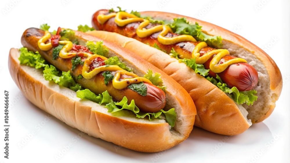 High-resolution close-up of grilled hot dogs in soft buns with mustard, ketchup, and fresh lettuce on white background – Perfect for food photography, menus, and advertising in Full HD and 4K High-resolution close-up of grilled hot dogs in soft buns with mustard, ketchup, and fresh lettuce on white background – Perfect for food photography, menus, and advertising in Full HD and 4K