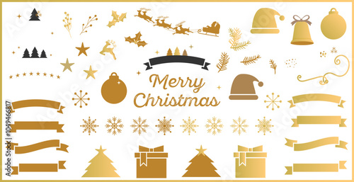 ゴールドのクリスマスのおしゃれな、あしらい素材セット　テキスト無し、ベクタイラスト　金色　フレーム　白背景