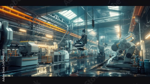 Industrial Factory Interior with Machinery and Reflective Floor