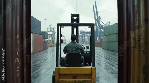 Back view of logistics coordinator driving a container forklift, container being lifted at shipping port, front view, cargo handling efficiency photo