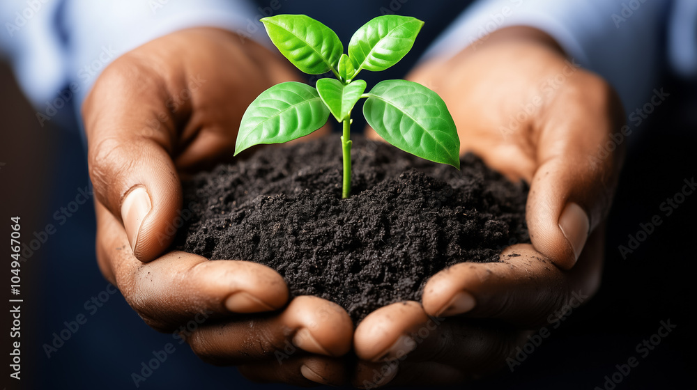A small green seedling is gently held in soil, symbolizing growth and care for the environment A small green seedling is gently held in soil, symbolizing growth and care for the environment
