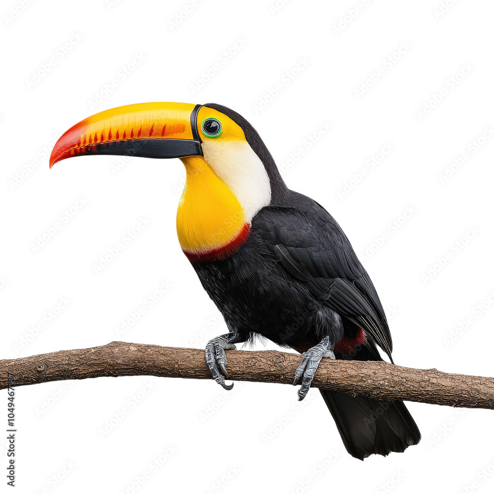 Fototapeta premium Colorful toucan perched on branch clipart, isolated on transparent background.