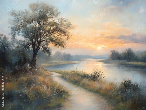 Serene Landscape of a Scenic Riverbank at Sunset with Reflections and Wildflowers