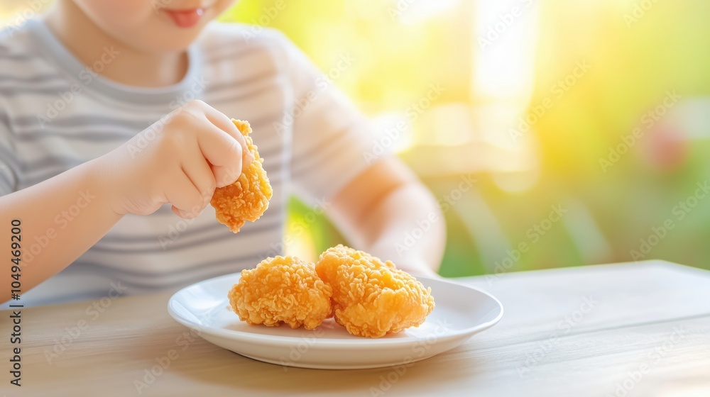 A child enjoying crispy golden nuggets on a plate, evoking a sense of joy and childhood delight in a sunny outdoor setting. A child enjoying crispy golden nuggets on a plate, evoking a sense of joy and childhood delight in a sunny outdoor setting.
