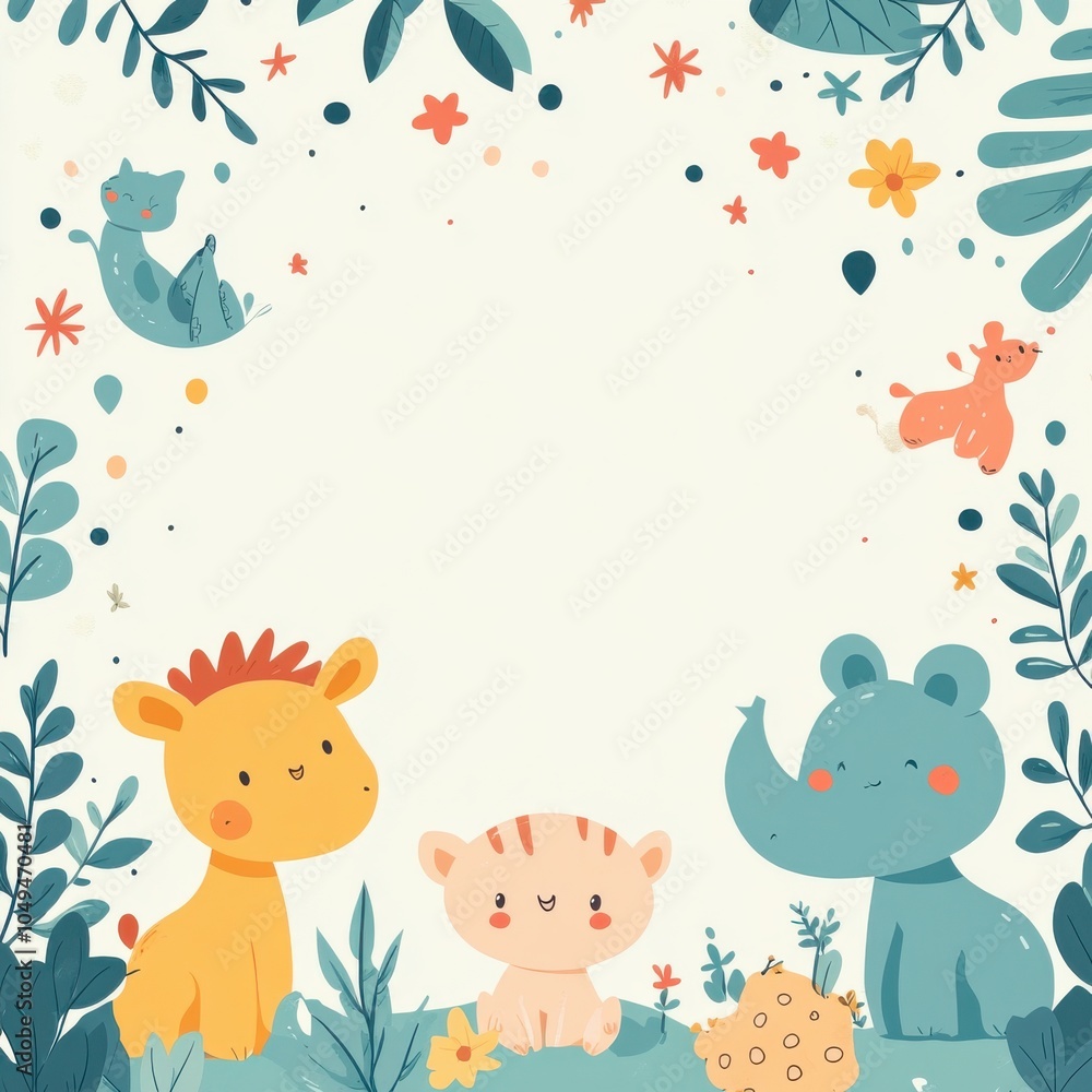 Fototapeta premium A frame with a bunch of animals including a giraffe, a tiger, and a rhino