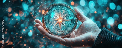 Traditional compass in hand overlaid with futuristic elements, highlighting digital strategies and insights.