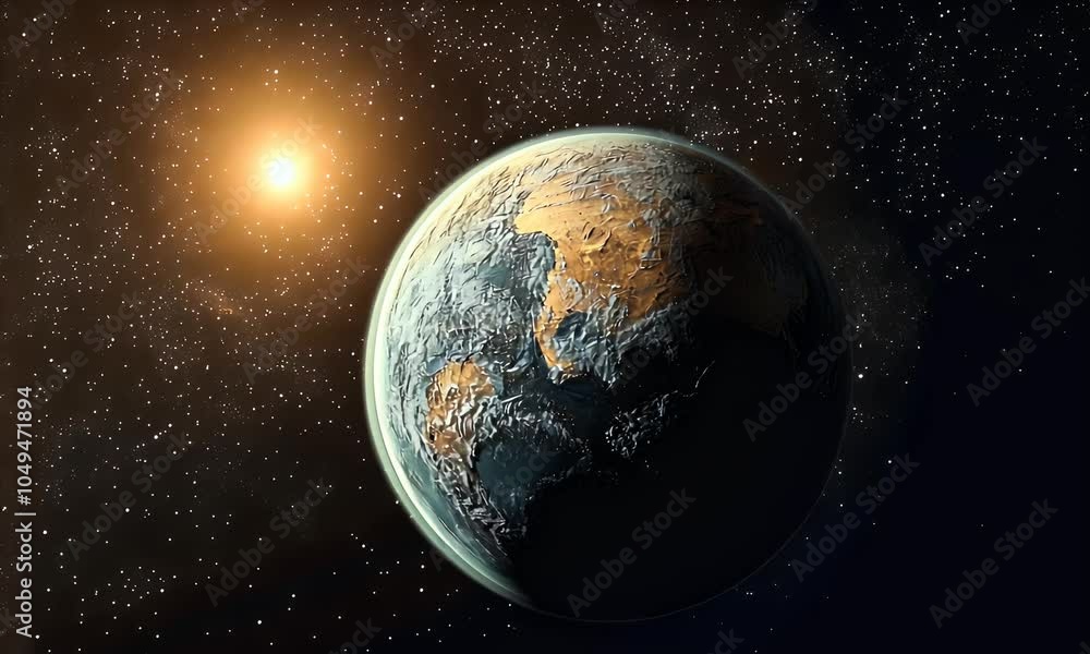 A stunning view of Earth from space, illuminated by a distant sun amidst a starry backdrop. A stunning view of Earth from space, illuminated by a distant sun amidst a starry backdrop.